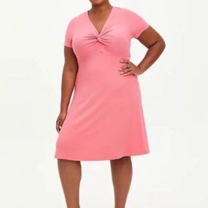 Torrid Coral Pink Knotted V Neck Short Sleeve Ribbed Midi Dress - size 00 = 10*